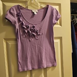 LOFT Lavender Short Sleeve Top with Floral Accents